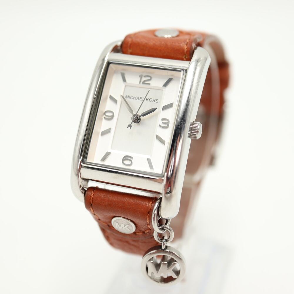 Michael Kors Taylor Tank 26mm Silver Tone Watch Brown Leather w New Battery